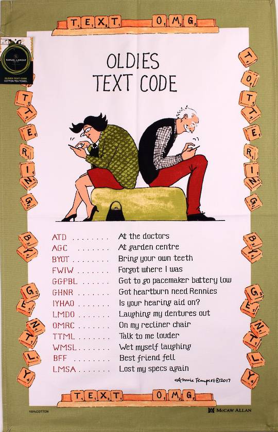 Samuel Lamont "Oldies text codes" tea towel. Code: TT-945.